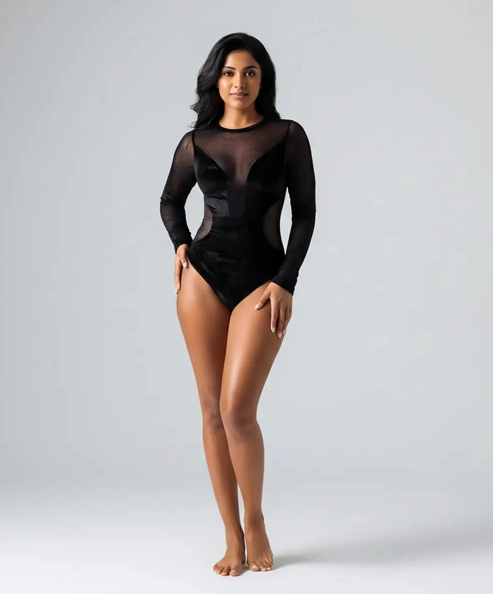 Black mesh velvet bodysuit — Rainy Garment